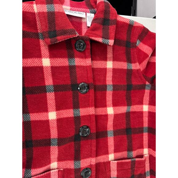 "BROWNSTONE STUDIO" Button Up Fuzzy Fleece Blazer Cardigan Jacket Red Plaid SZ L - Picture 5 of 8